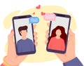 Dating in mobile application. Dating online. Hands holding smartphones with man and woman on screen. Young couple. Love concept in Royalty Free Stock Photo